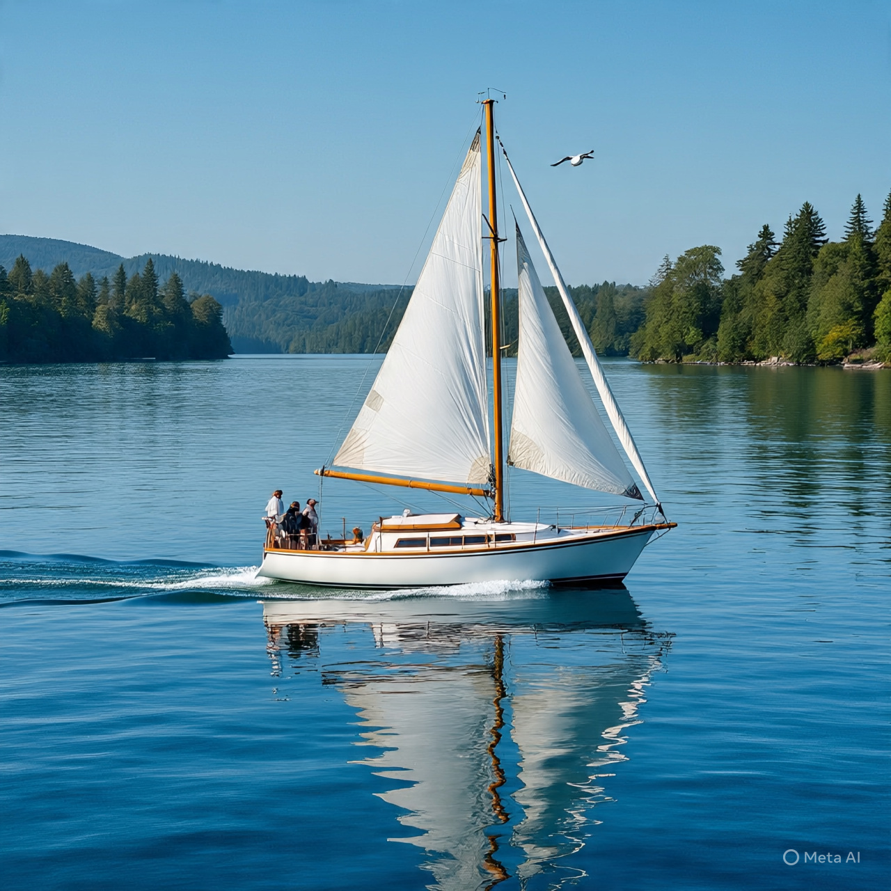 A veneajelu boat cruising across a calm Finnish lake surrounded by forests and islands under the summer sun.