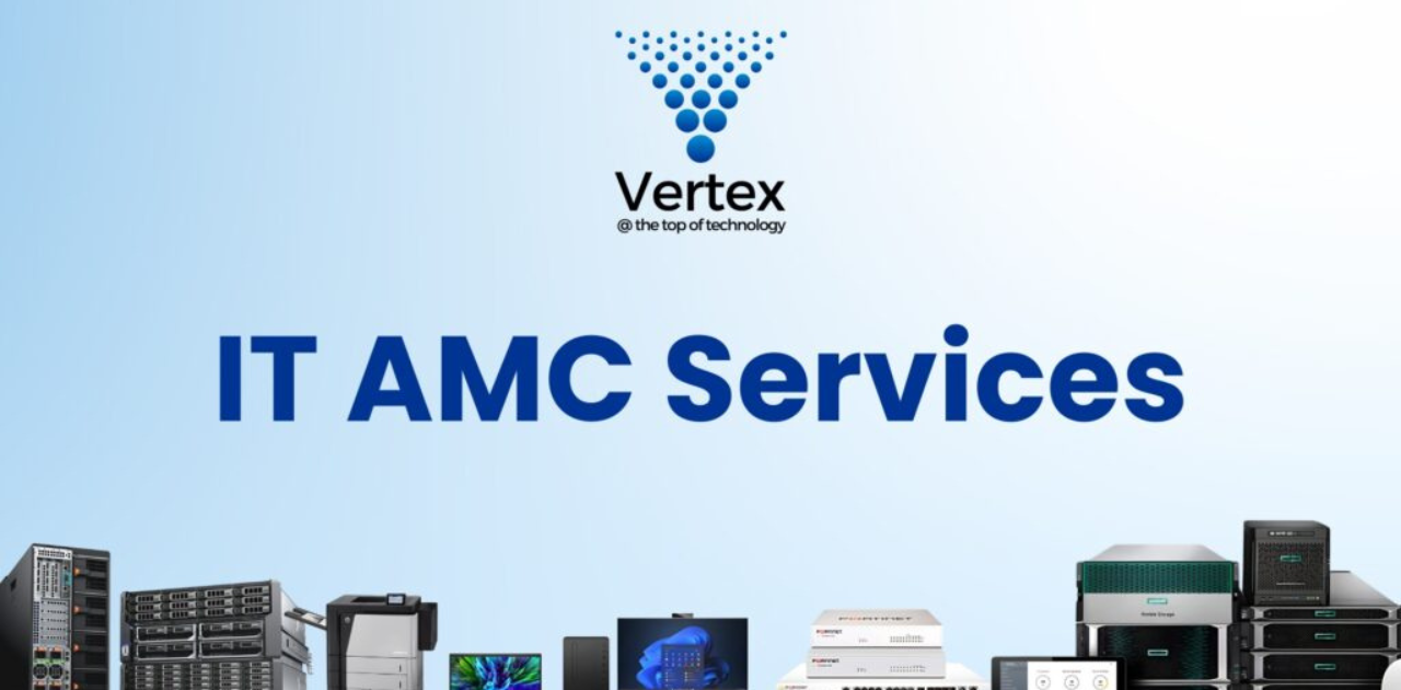 Banner showing “vertex maintenance” with a blue gradient background, company logo at the top, and various IT hardware like servers, printers, and networking equipment along the bottom.